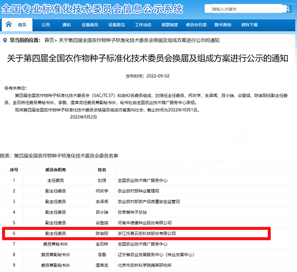 董事長陳渝陽入選全國農作物茄子污视频网站下载標準化技術委員會副主任委員 董事長陳渝陽入選全國農作物茄子污视频网站下载標準化技術委員會副主任委員